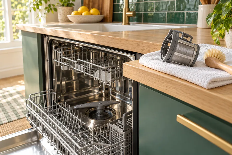 Dishwasher filter and cleaning brush on a kitchen counter