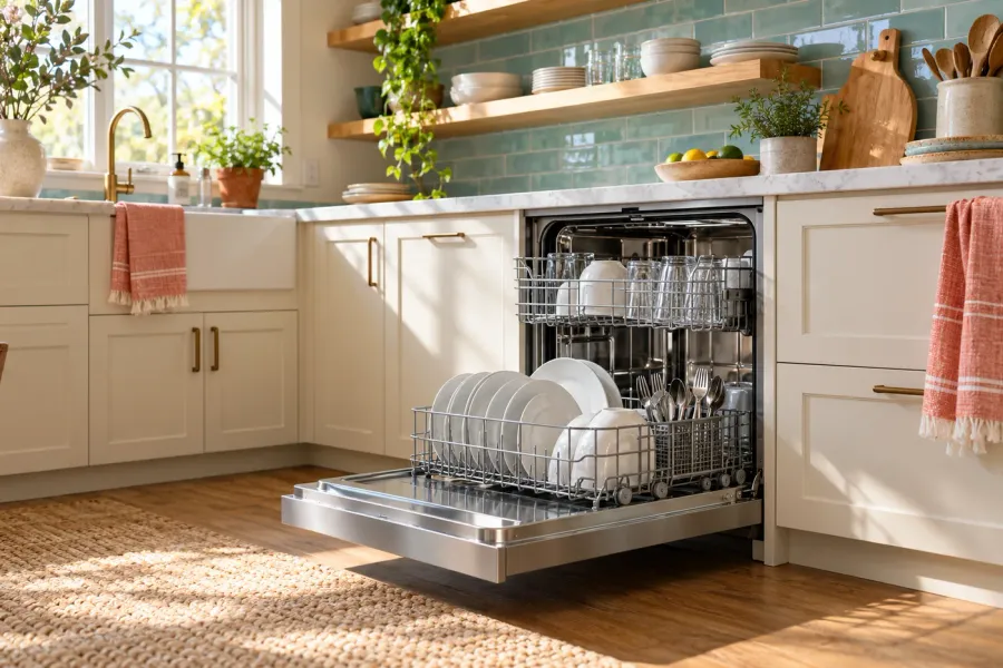 Dishwasher racks and everyday tableware in a bright kitchen